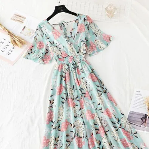 2020 Slim V Neck Summer Midi Long Dress Vestido Party Short sleeve Chiffon dress Women Casual Elegant print A-Line Vestidos
