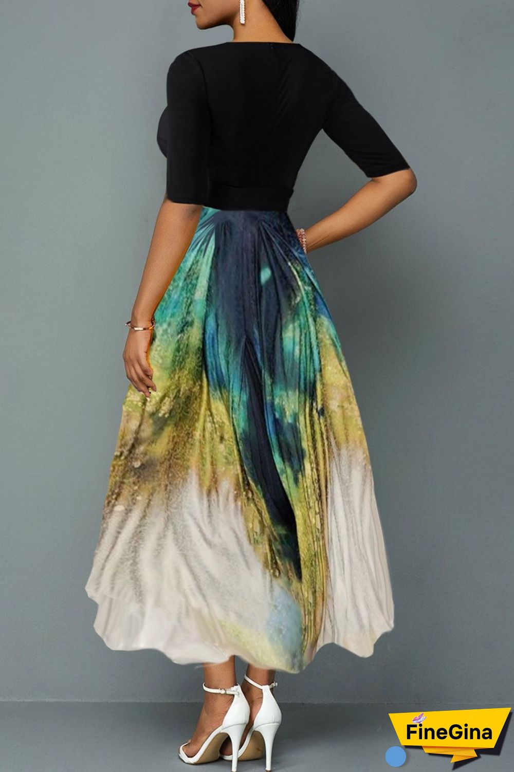 Colour Casual Print Patchwork V Neck Long Dress Dresses