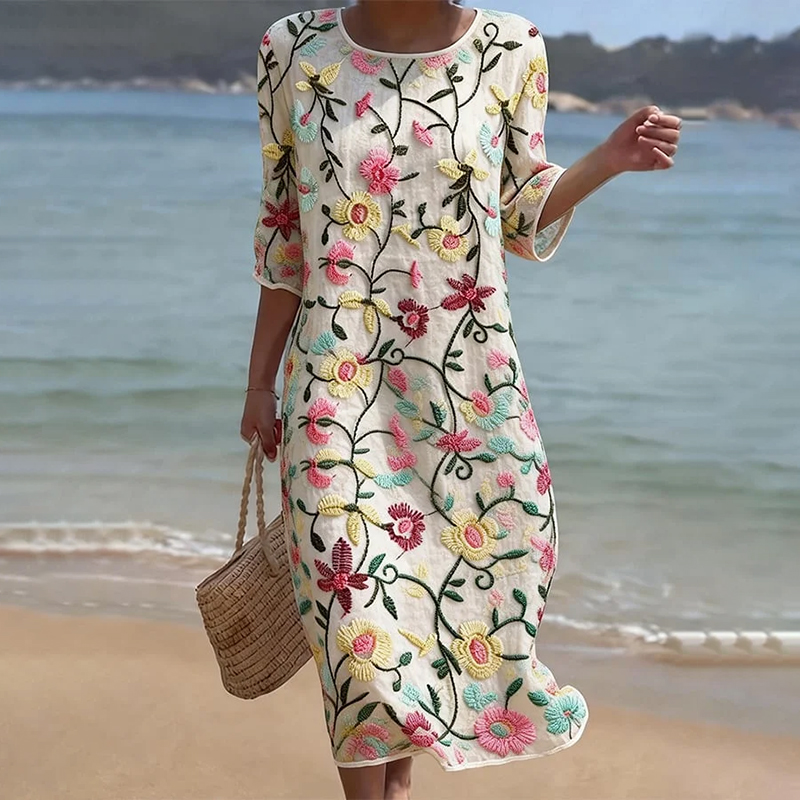 Vintage Floral Art Pattern Linen Blend Loose Three-quarter Sleeve Dress wearshes