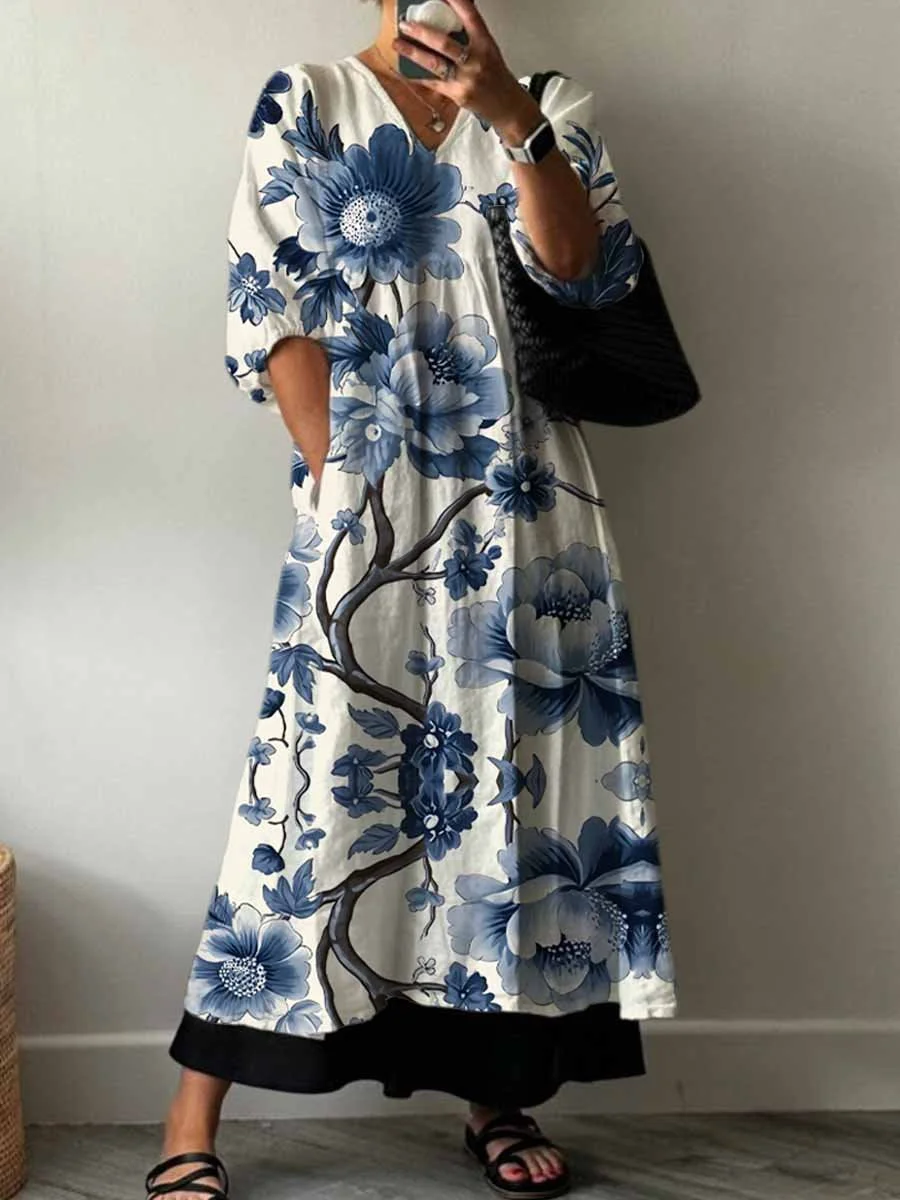 Women's Vintage Lovely Floral Art Print Pocket V-neck Cotton Dress