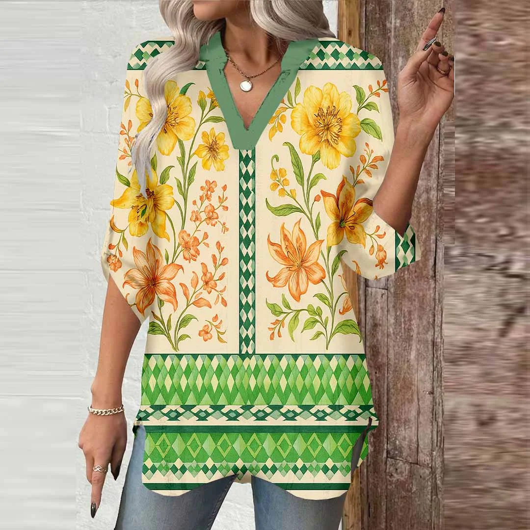 Women Tropical, Floral, Green DZGA0073 3/4 Sleeve V-neck Printed Graphic Button Tops