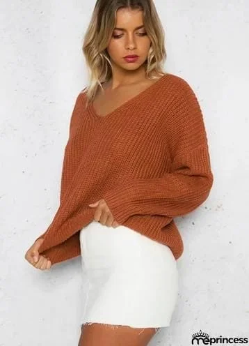 V Neck Solid Color Long Sleeve Knit Sweater