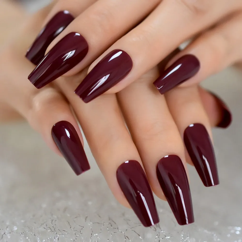 Tapered Coffin Nails Long Size Square Maroon Dark Red Acrylic Artificial False Nails Manicure Tips 24 CT-Nail Inspo