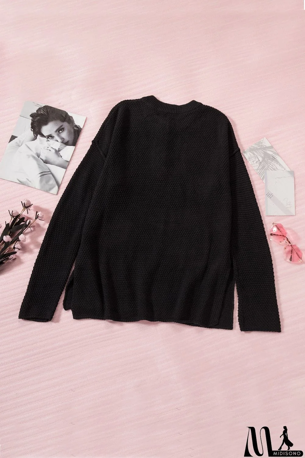 MidiSono - Women's Black Henley Pullover Drop Shoulder Sweater with Slits