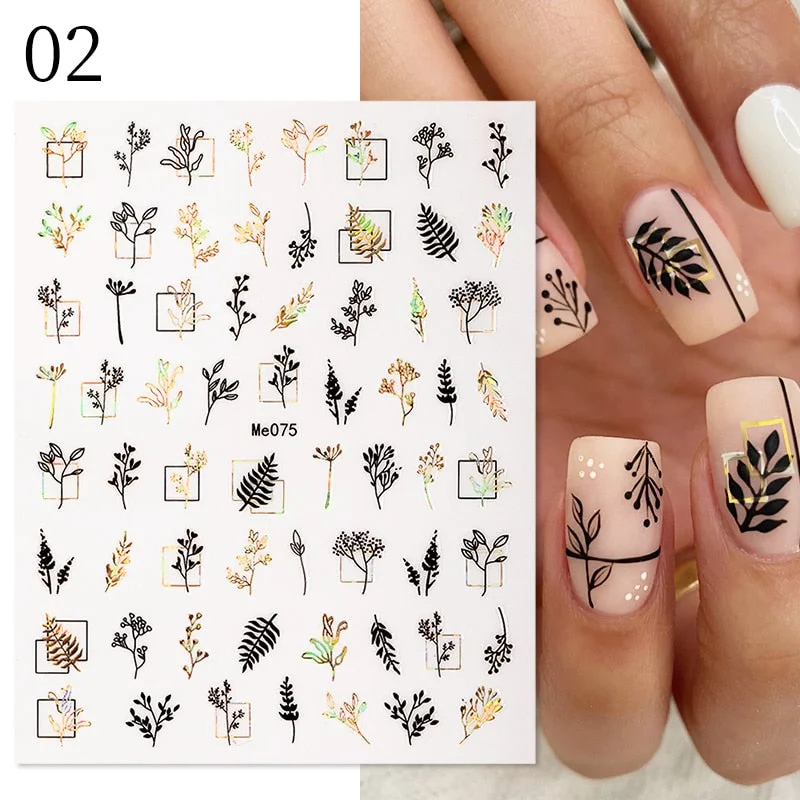 1 Pc 3D Nail Stickers Leaves Sliders for Nails Gold White Bronzing Flowers Gradient Adhesive Sticker Nail Design Art Decorations