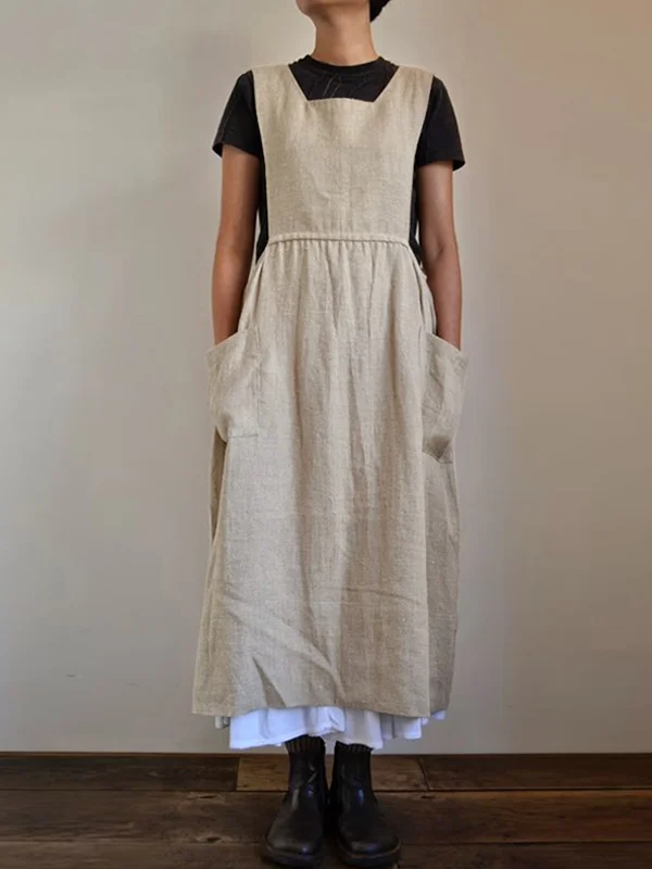 Linen Blend Apron Dress With Pockets