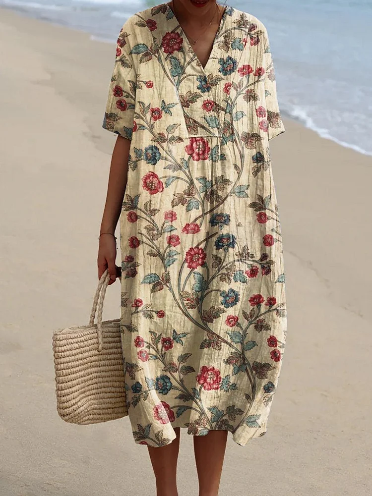 Women's 2024 Summer Holiday Dresses Floral Print V-Neck Midi Beach Dress