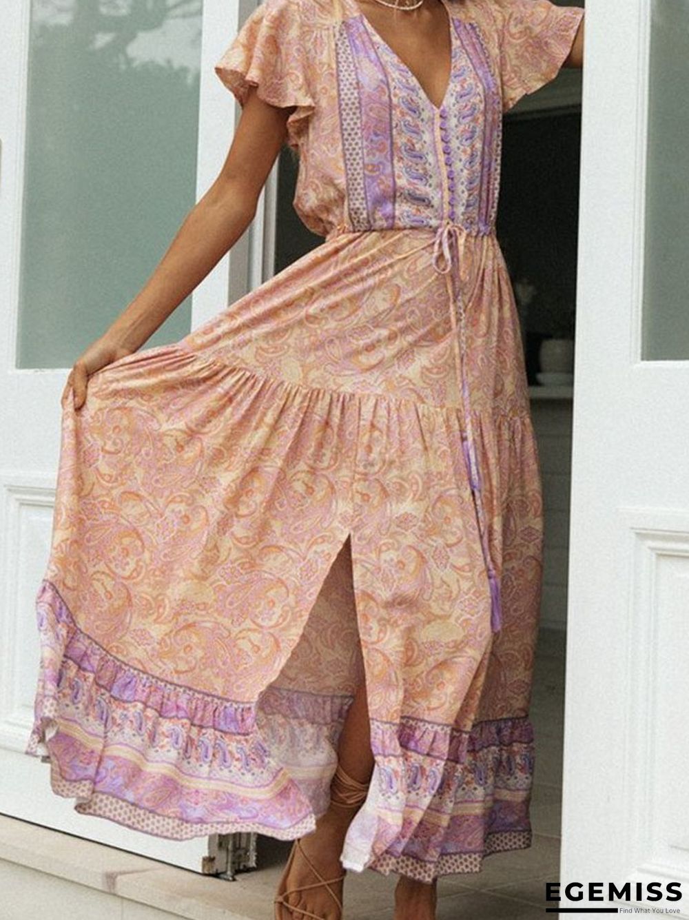 Bohemian Holiday Dress Positioning Flower Single Breasted Dress | EGEMISS