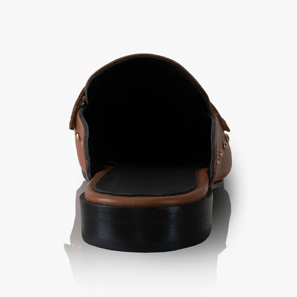 YDN Brown Round Toe Comfort Slip On Mule Loafers with Studded