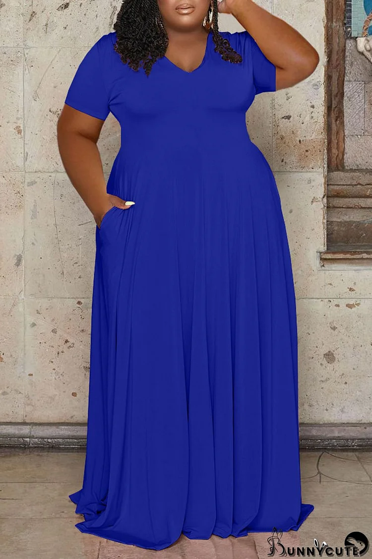 Blue Casual Solid Patchwork V Neck Straight Plus Size Dresses