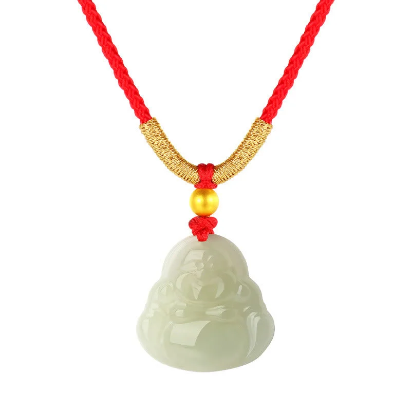 18k Gold Plated Natural Hetian Jade Laughing Buddha Wealth String Necklace Pendant