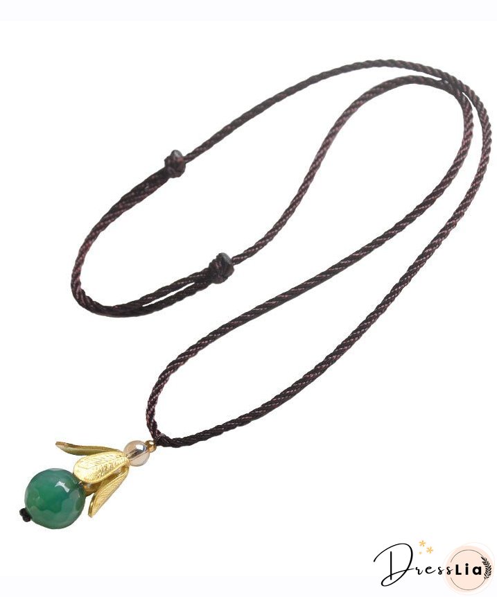 Vintage Green Hand Knitting Agate Golden Leaf Pendant Necklace