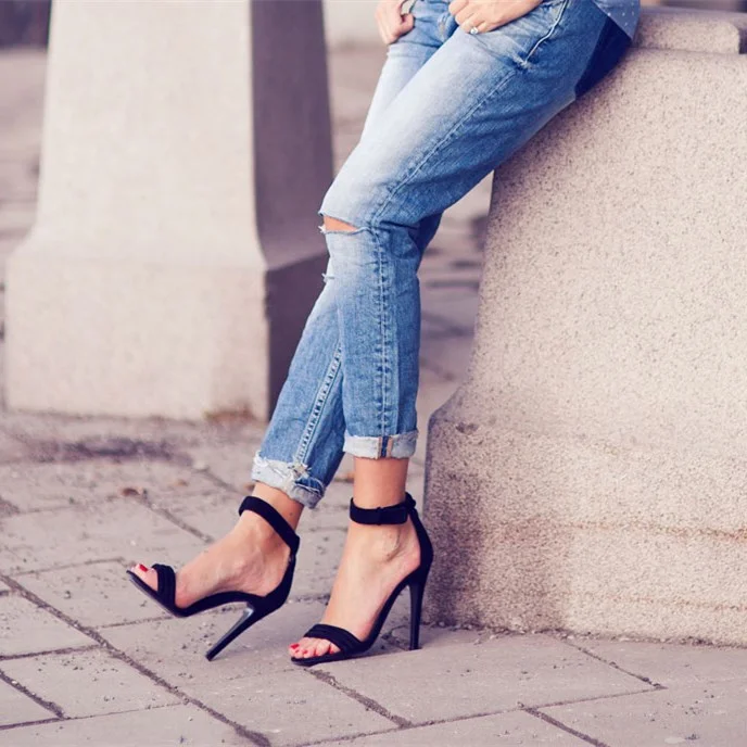 Black Ankle Strap Sandals with 5-Inch Heels Vdcoo