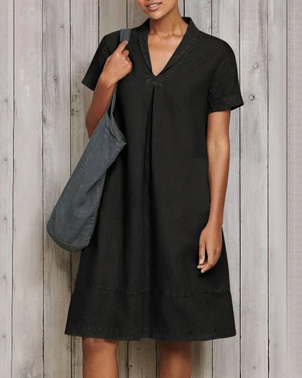 Casual Short Sleeve Pure Linen Mini Dress
