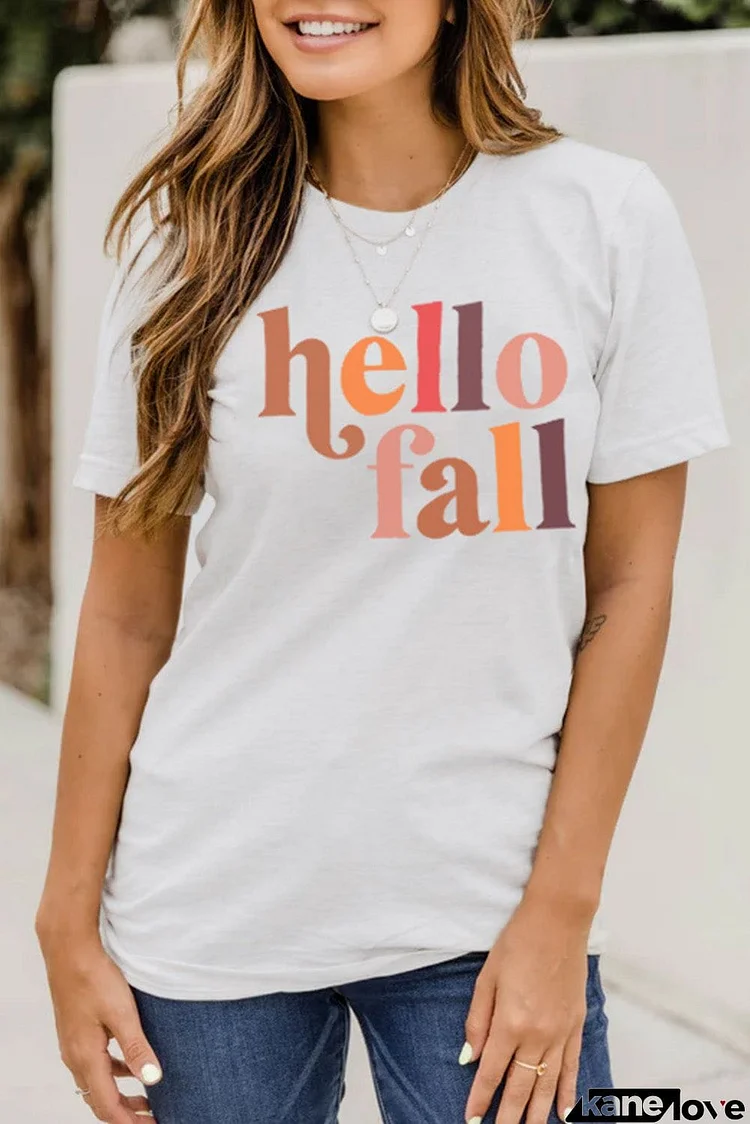 Hello Fall Letter Print Crew Neck Graphic Tee