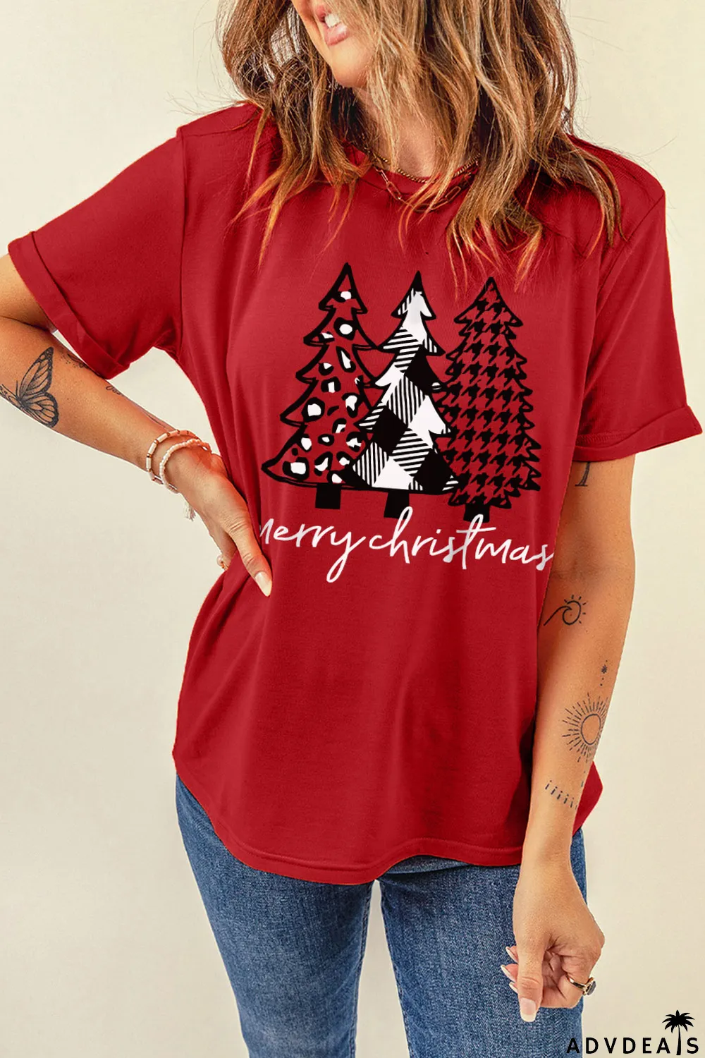 Red Merry Christmas Trees Graphic Print Short Sleeve T Shirt