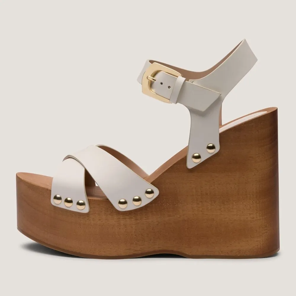 White Criss Cross Open Toe Wedge Heel Platform Ankle Strap Sandals