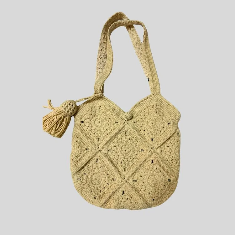 Lulusnow Handmade White Beige Granny Square Crochet Tote Bag Shoulder Bag 