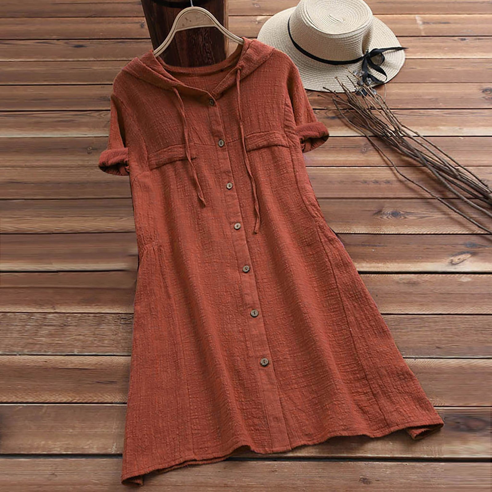 Comstylish Vintage Button Down Short Sleeve Linen Cotton Comfy Midi Dress