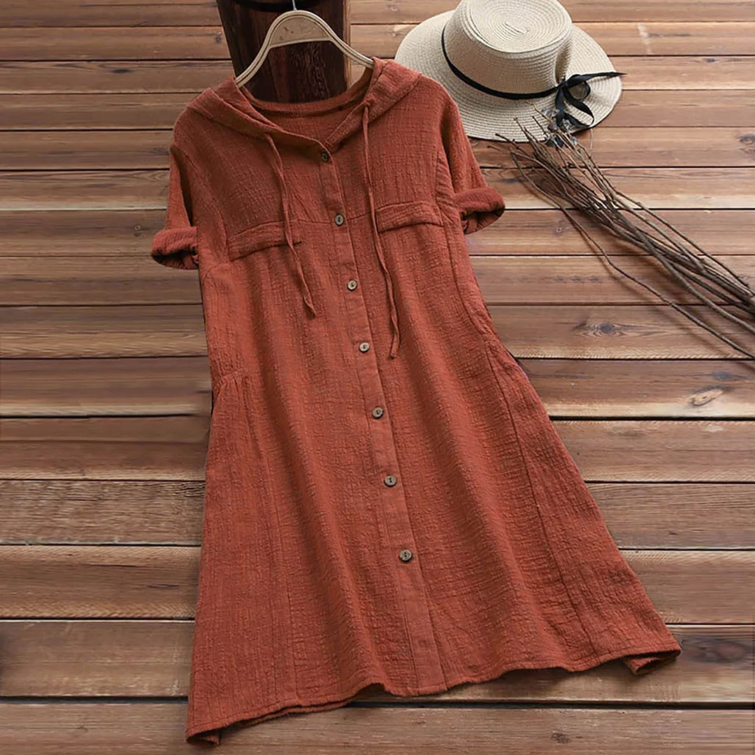 Vintage Button Down Short Sleeve Linen Cotton Comfy Midi Dress