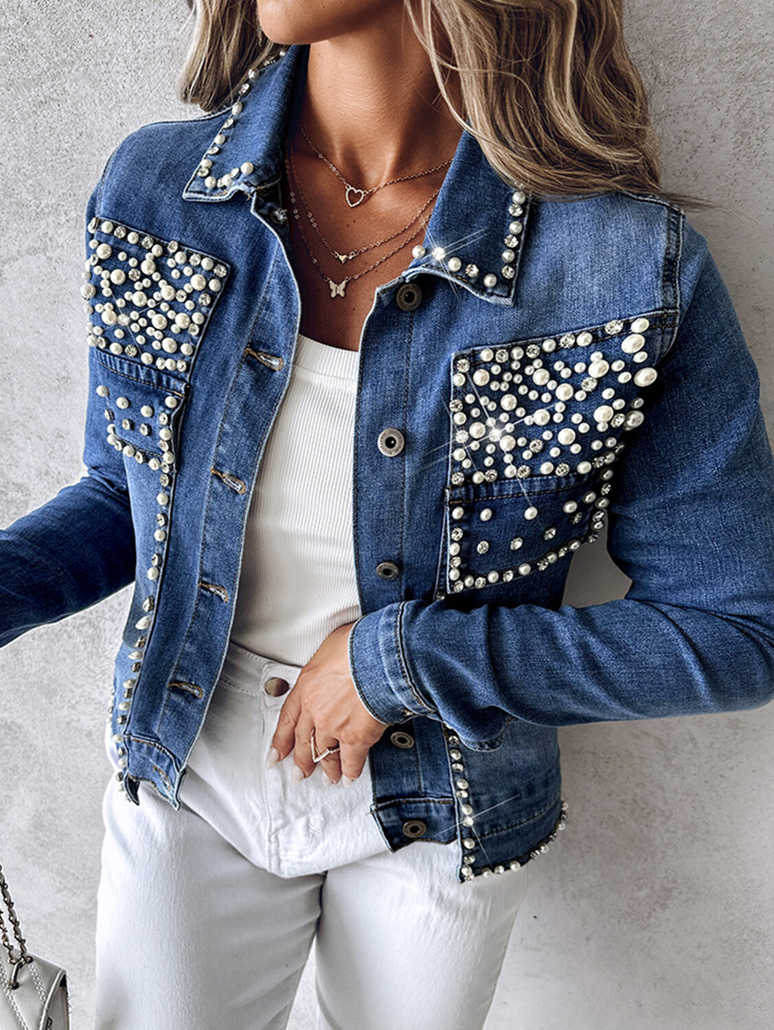 Casual Rhinestone Beaded Single Breasted Long Sleeve Denim Jacket