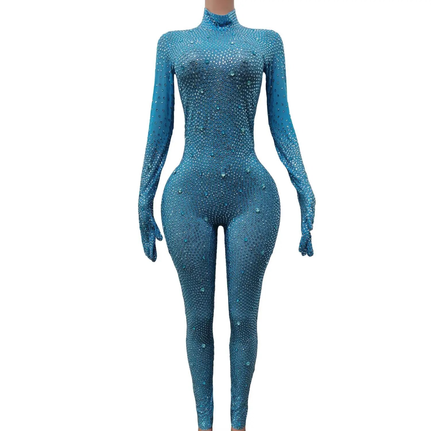 VCSHOES Shining Gold Rhinestones Jumpsuit Mesh Transparent Birthday Celebrate Bodysuit Nightclub Singer Dance Leggings Shizuan