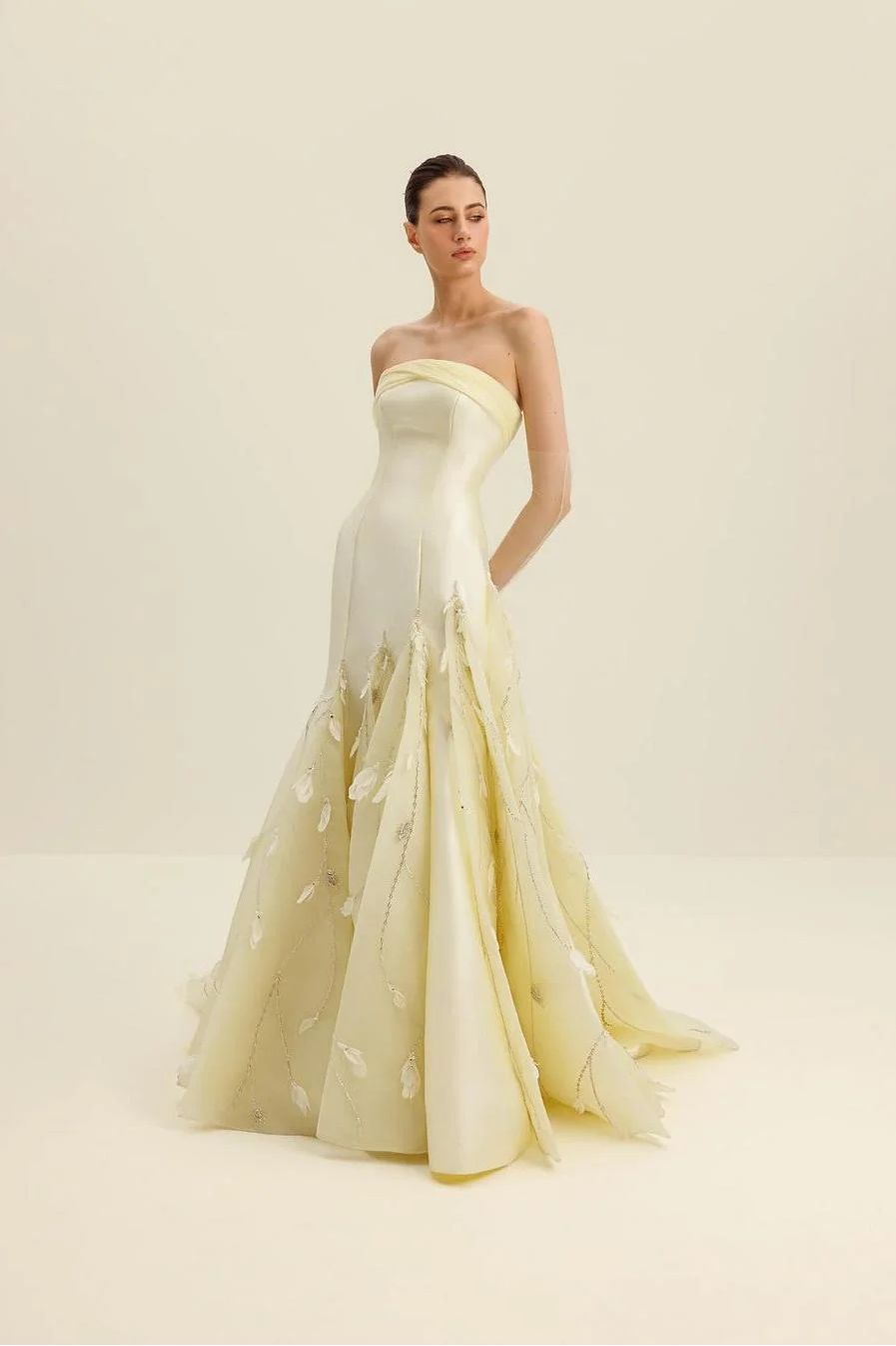 Miabel Amazing Satin Light Daffodil Strapless Sleeveless Long Prom Dress With Embroidery  