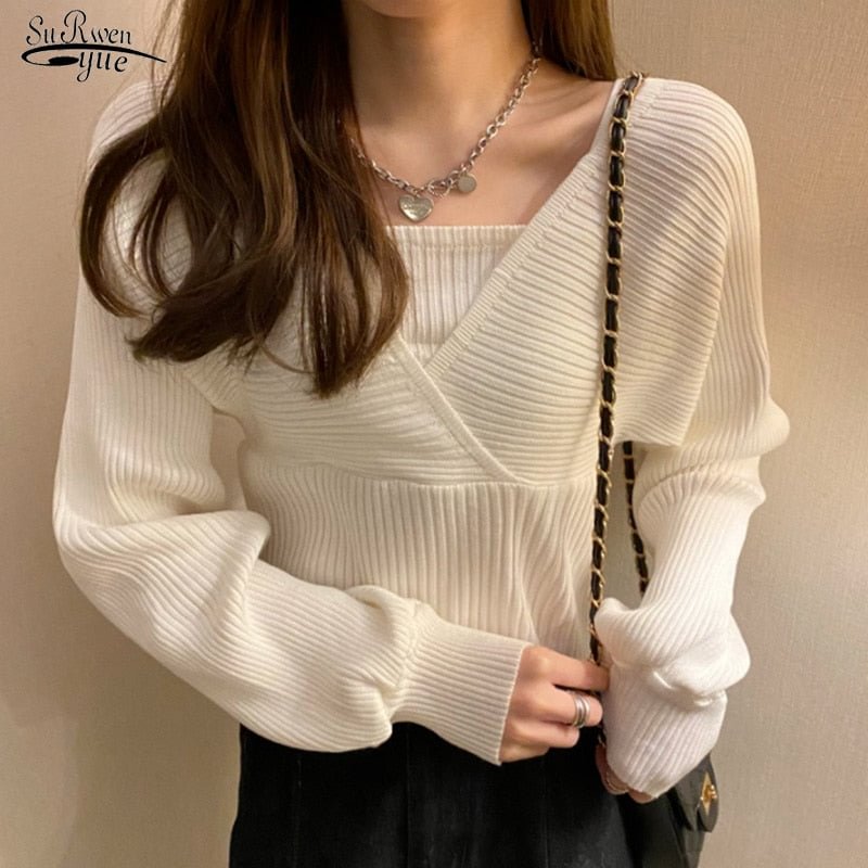 Autumn Elegant Solid Slim Short V Neck White Knitted Tops Bottom Fake Two Pieces Pullover Sweaters Lady Fashion Chic Korea 17394