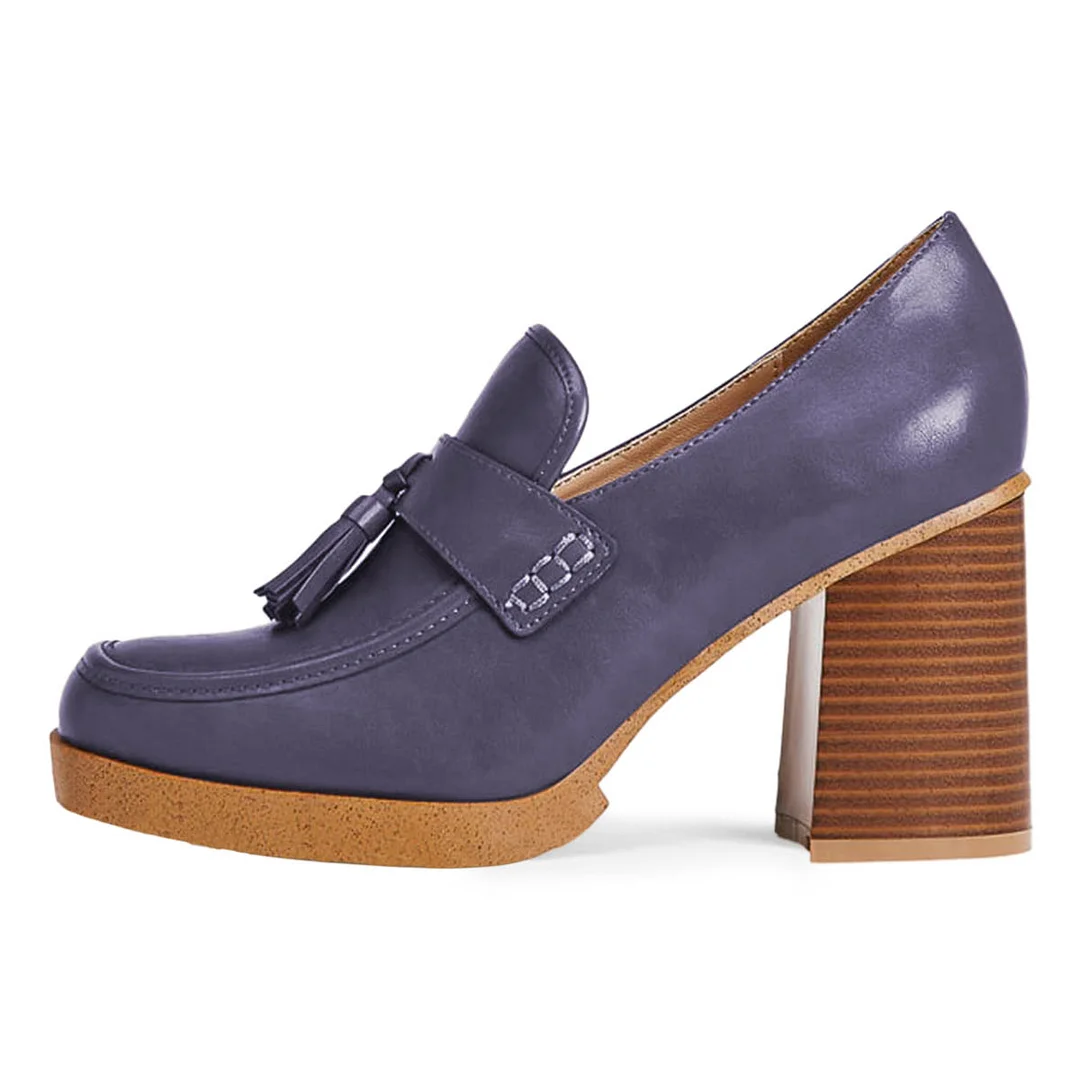 Purple Vegan Leather Tassel Accents Square Toe Loafer Heels
