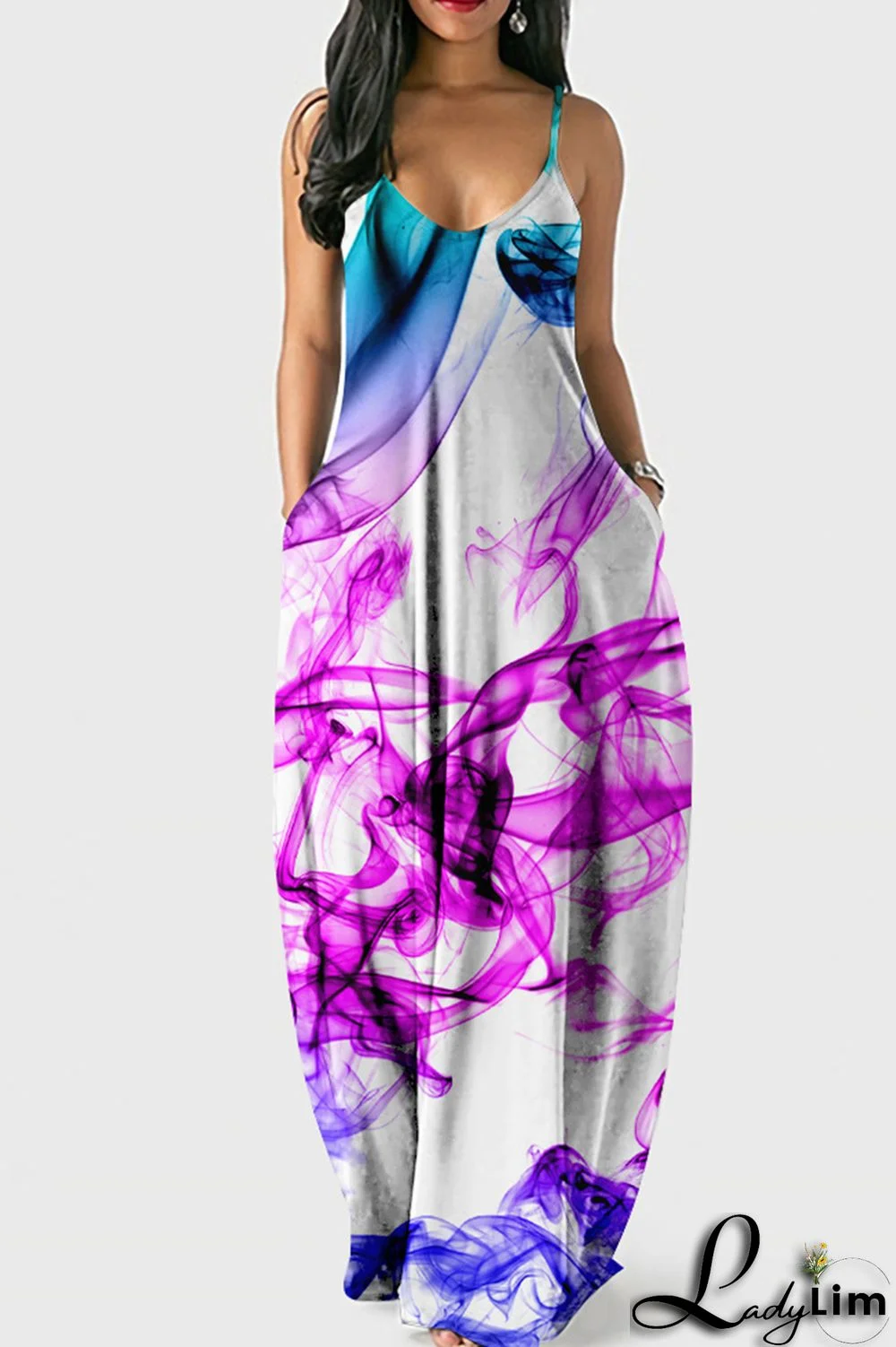 White Purple Fashion Sexy Print Backless Spaghetti Strap Long Dress