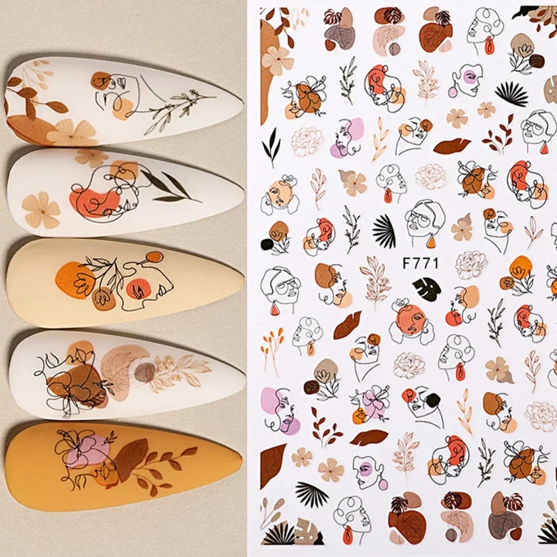 1PC 3D Nail Stickers Women Face Sketch Abstract Butterfly Image Nail Art Decoration Slider Manicure Stickers For Nails