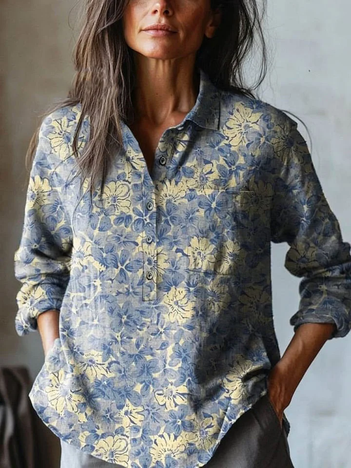 Women's Vintage Lovely Floral Art Print Casual Cotton And Linen Shirt
