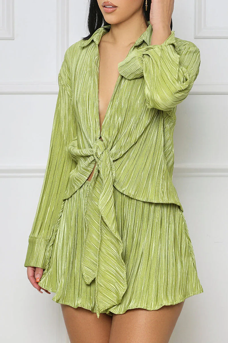 Green Casual Solid Bandage Patchwork Turndown Collar Long Sleeve Two Pieces