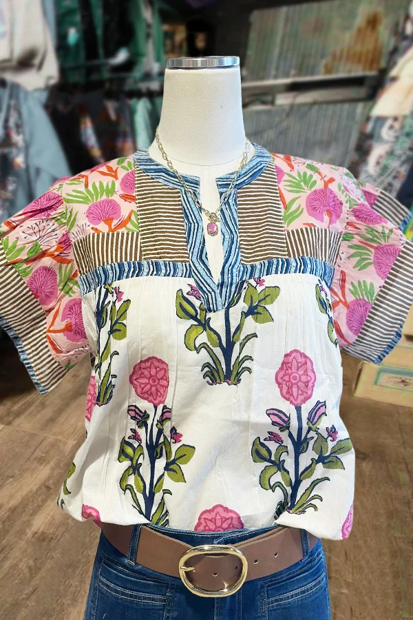 Mixed Floral Print Split Neck Top