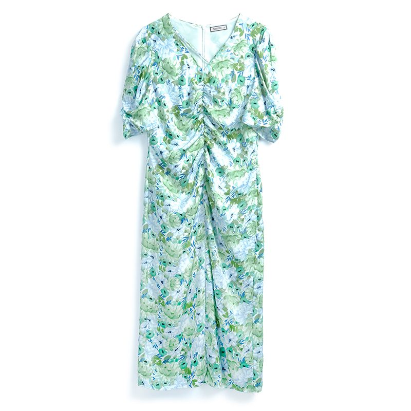 Toodelamart Elegant MIUCO Tea Break Dress Green Floral V-neck Slit Midi Dress White-flattering High Waist Commute Sle Summer Dress
