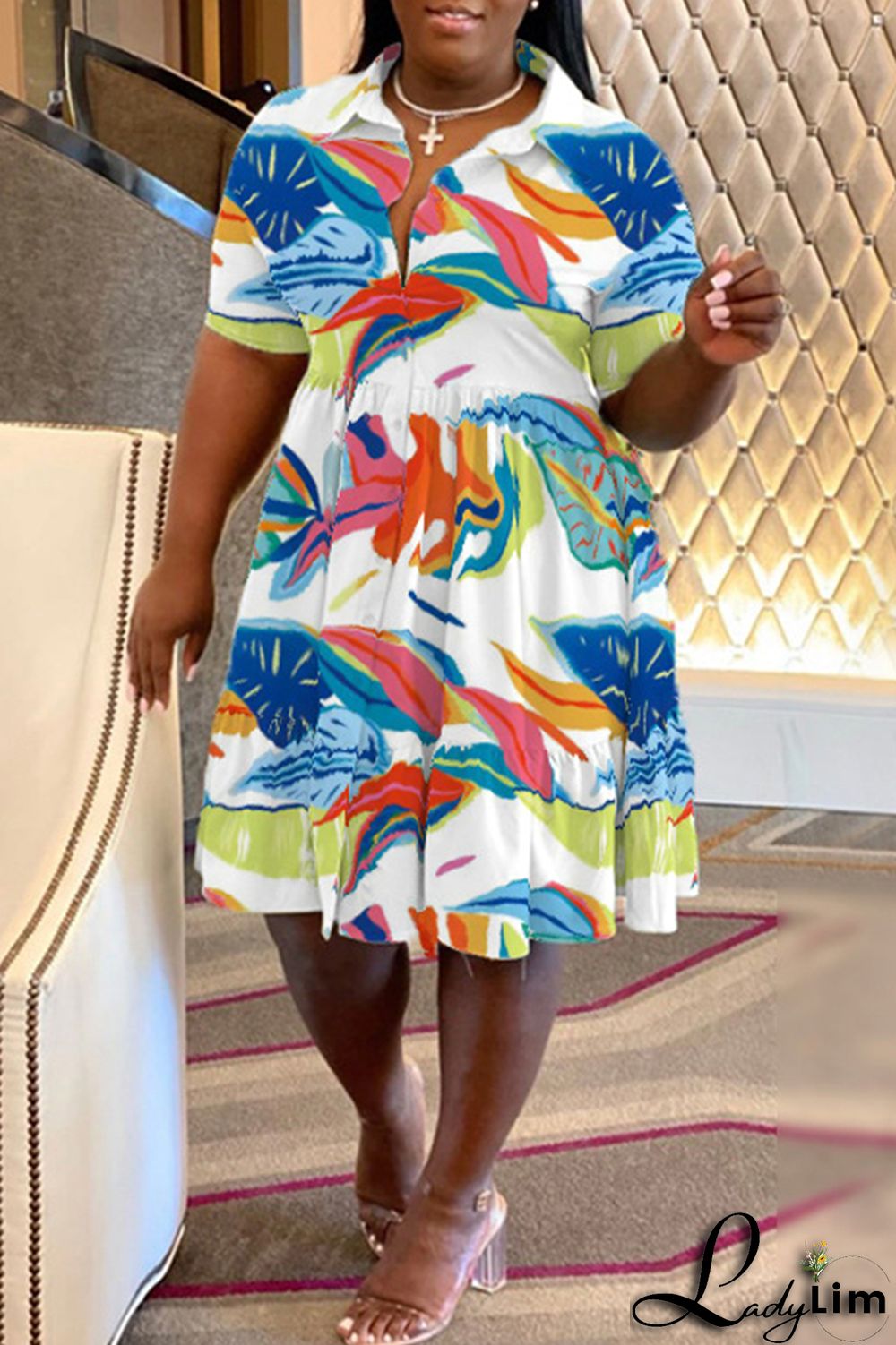 Purple Casual Print Patchwork Fold Turndown Collar A Line Plus Size Dresses