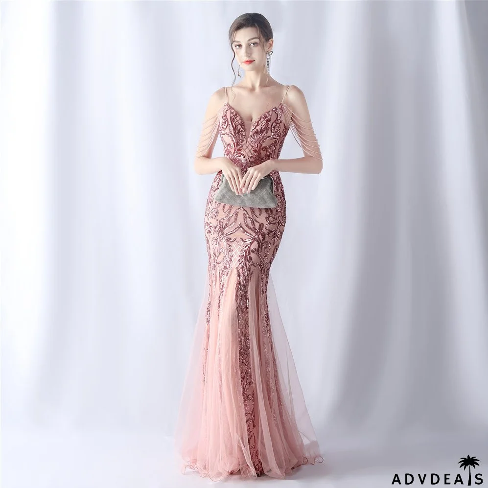 Women beaded mesh evening dress