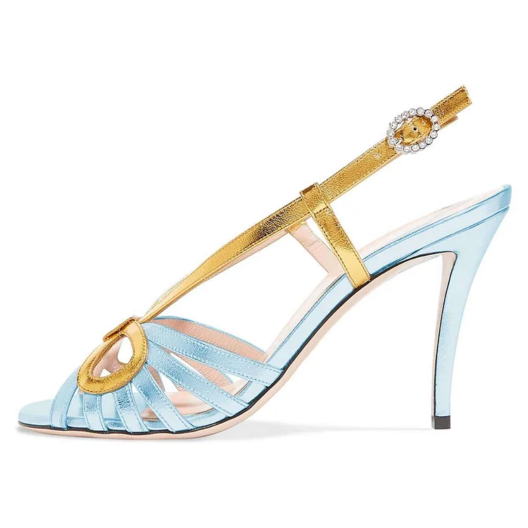Gold and Light Blue Slingback Heels Sandals |FSJ Shoes