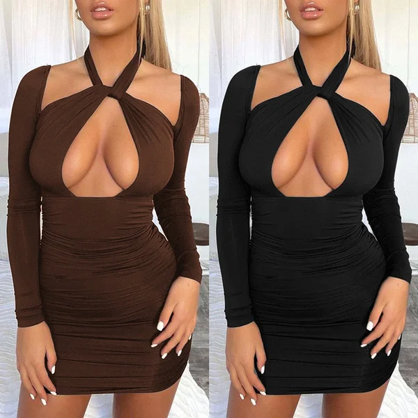 Women Long Sleeve Mini Dress Bodycon Halter Neck Hollow Out Night Club Party Casual Tight Pencil Short Dress Plus Size