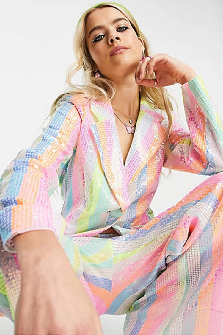 Striped Sequin Blazer Two Piece Pant Set-Rainbow [Pre-Order]