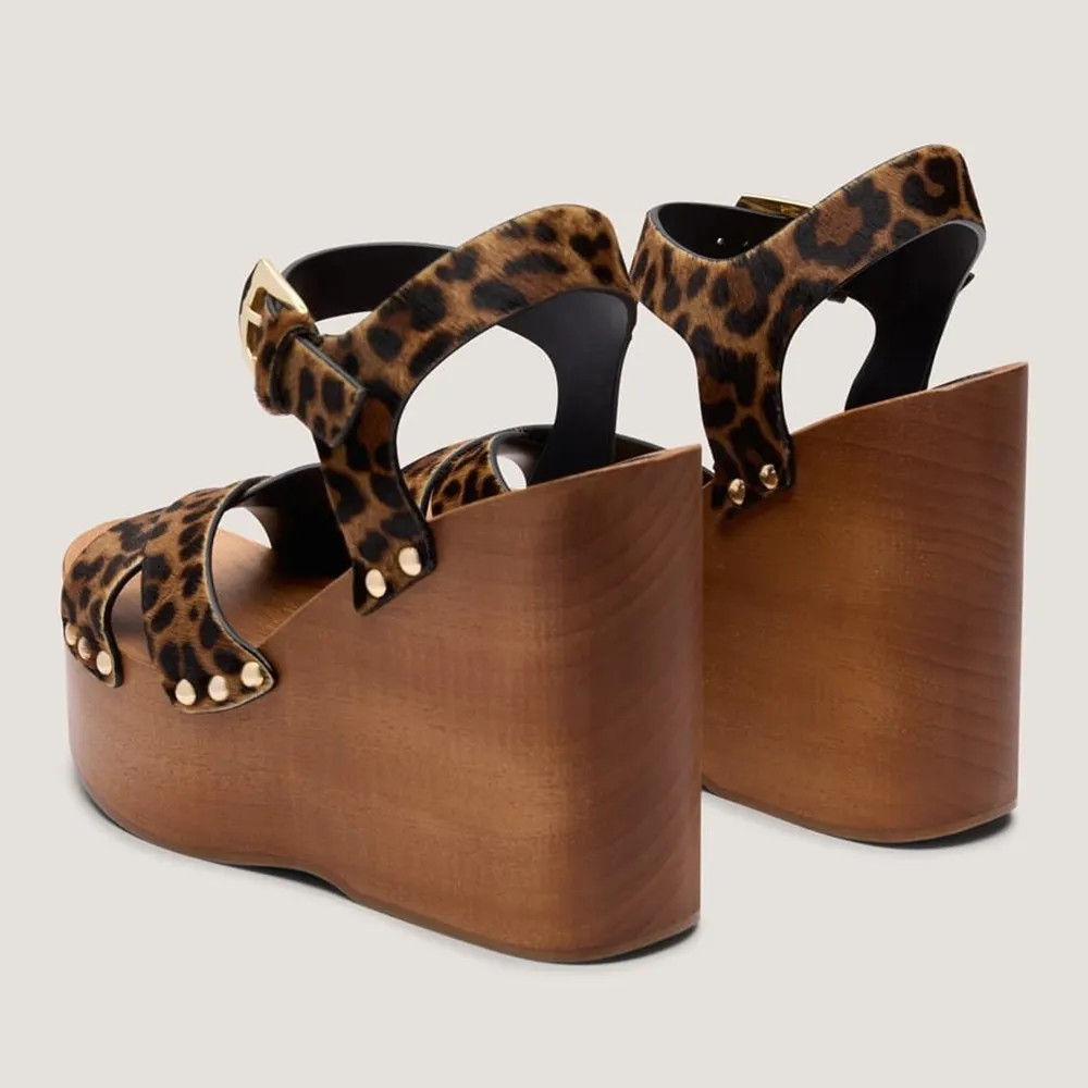 Leopard Faux Fur Open Toe Ankle Strap Wedge Heel Platform Sandals