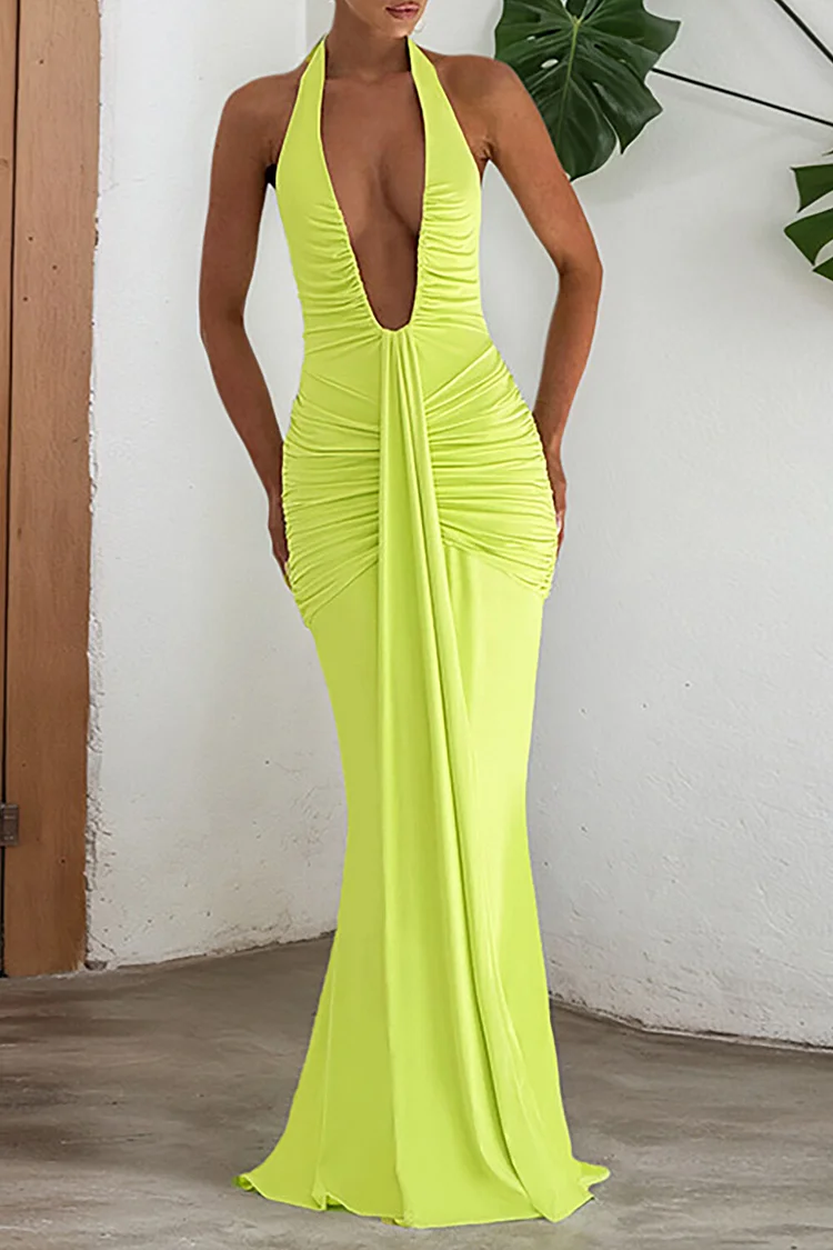 Deep V Neck Ruched Bodycon Solid Color Halter Maxi Dresses-Green