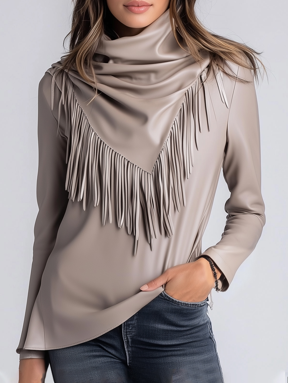 Ursime Cowl Neck Fringe Long Sleeve PU Leather Blouse