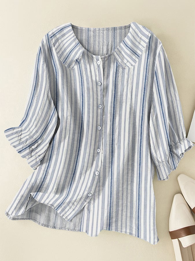 Women's Retro Striped Design Doll Neck Casual Shirt