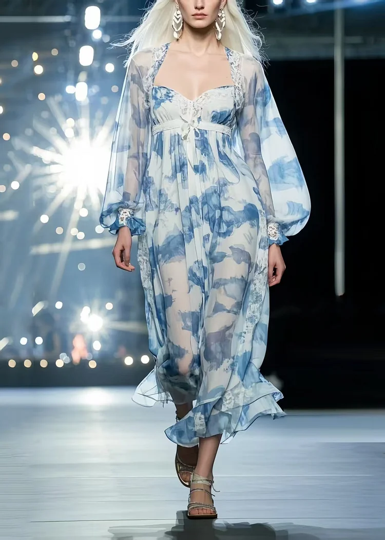 Casual Sky Blue Print Draping Chiffon Vacation Dresses Summer