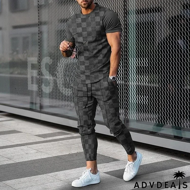 Men Fashion Casual 3D Print Short Sleeve Round Neck T-Shirt Pants Plus Size Sets