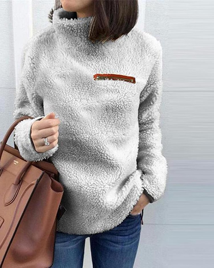 Solid Turtleneck Pullover Fleece Loose Sweatshirt