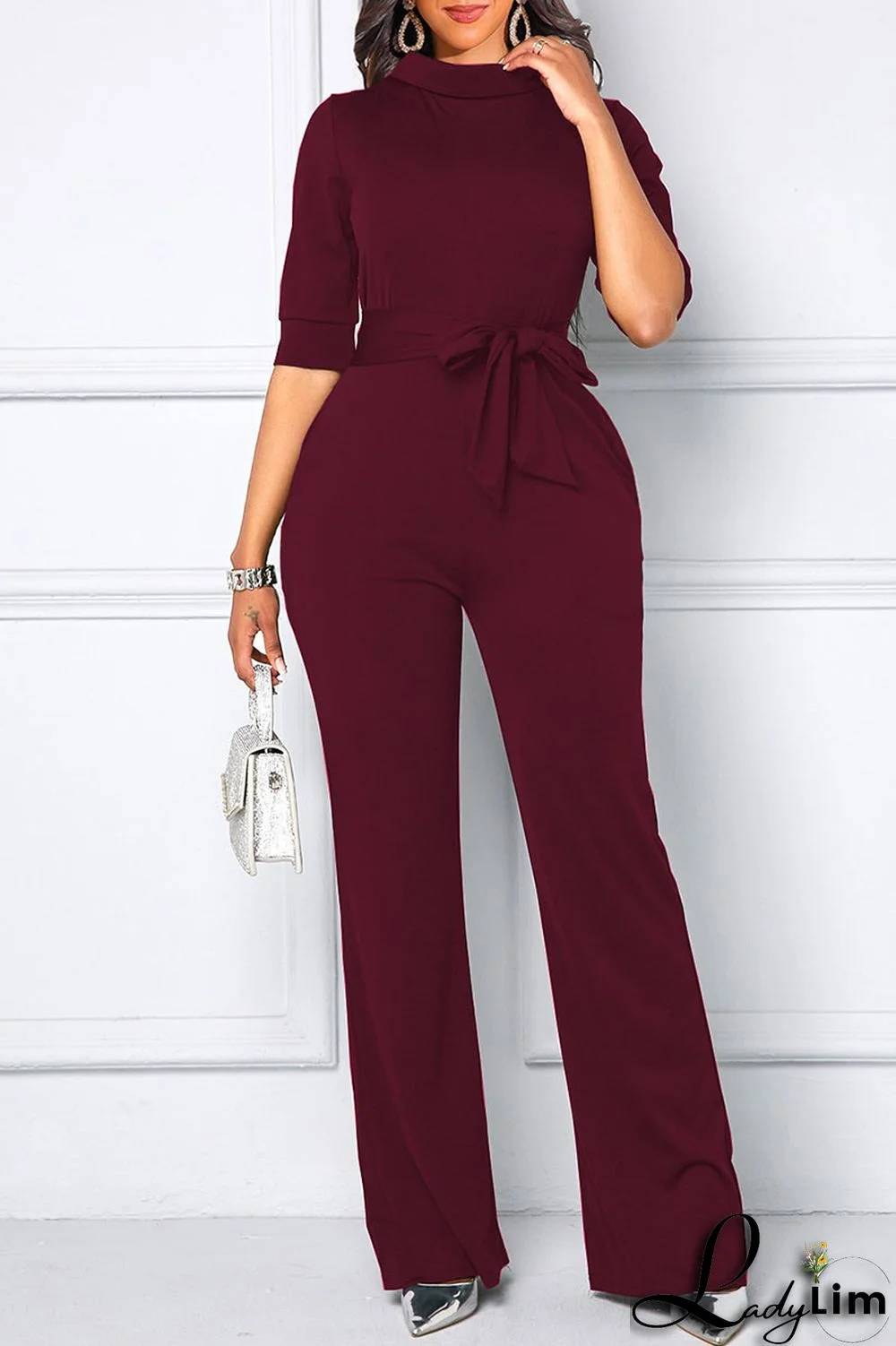 Brown Casual Solid Split Joint With Belt Half A Turtleneck Straight Jumpsuits