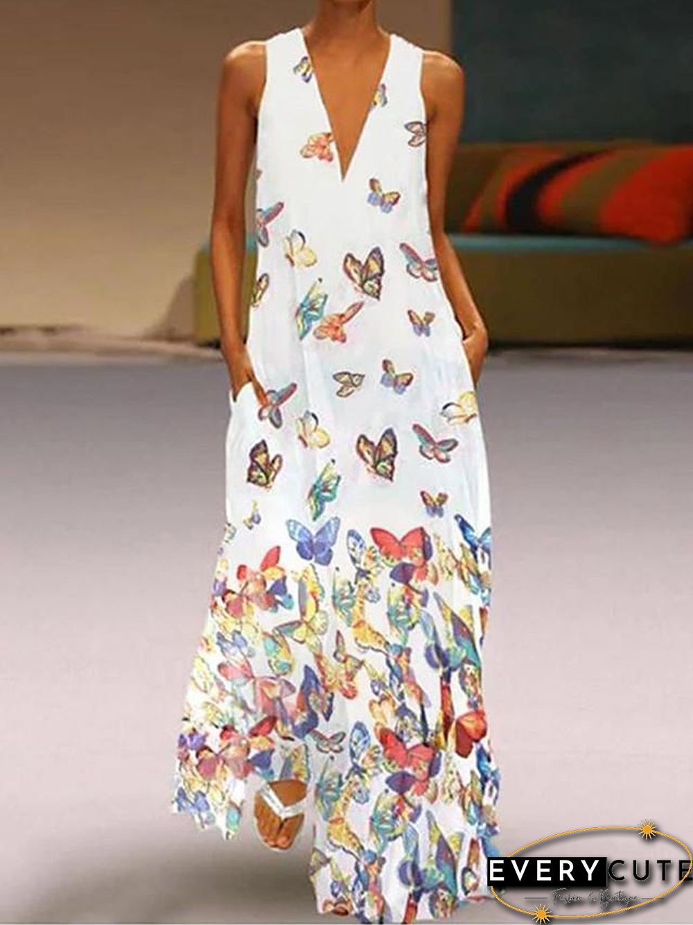 Women's A-Line Dress Maxi long Dress - Sleeveless Butterfly Animal Print Summer Deep V Plus Size Hot Casual Beach  White Purple Yellow Blushing Pink Light Blue S M L XL XXL 3XL 4XL 5XL White Dresses