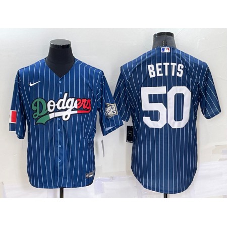 Men's Los Angeles Dodgers #50 Mookie Betts Navy Mexico World Series Cool Base Stitched Baseball Jersey 17PC